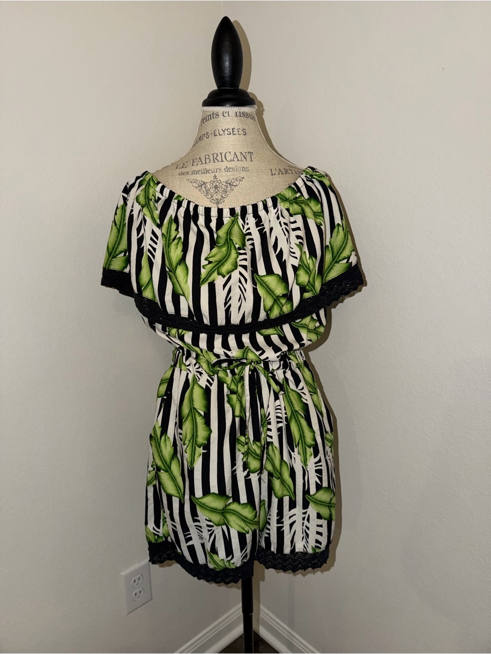 Tropical Leaf Off-Shoulder Romper in Black & White with Green Leaves